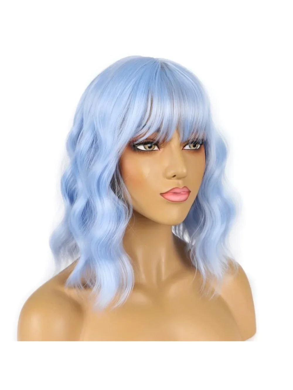 Women's Light Blue Shoulder Length Synthetic Loose Wavy Short Bob Wigs Bangs